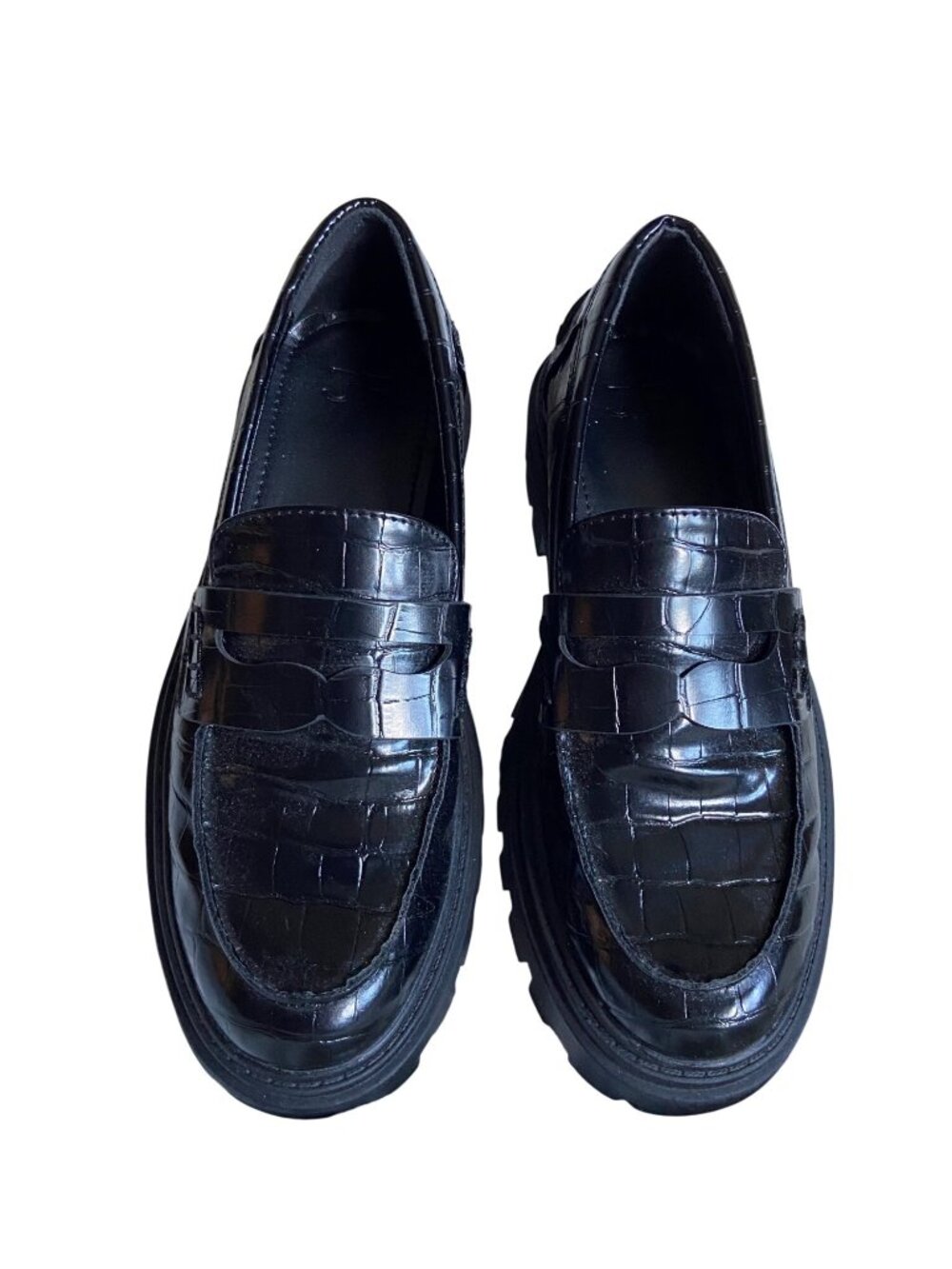 JF Black Croc Embossed Platform Loafers Women's Size 6 Chunky Lug Sole